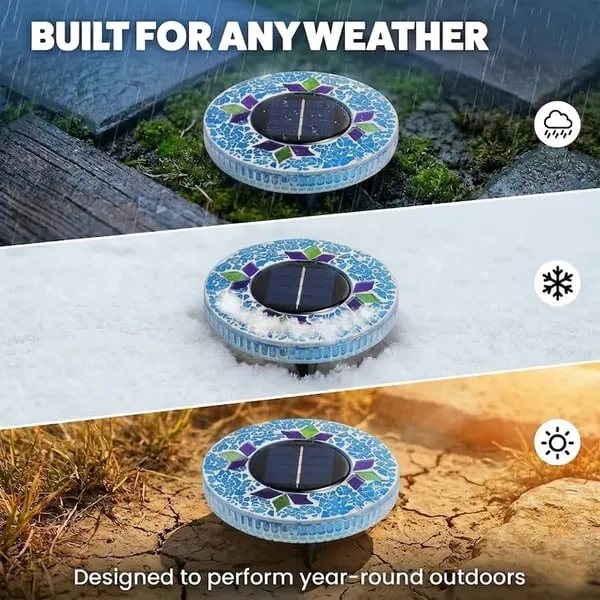 Solar Disk Lights – Handcrafted Mosaic Outdoor LED Waterproof In-Ground & Tabletop Wireless Lighting