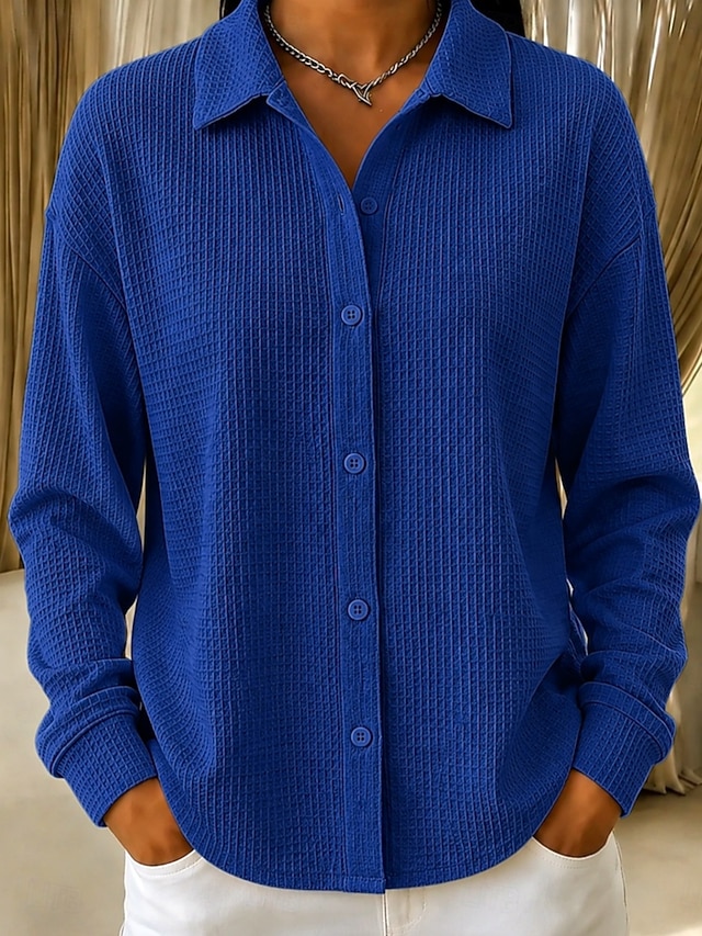Women's Shirt Waffle Polo Shirts Texture Vintage Stylish Casual Long Sleeve Regular Tops