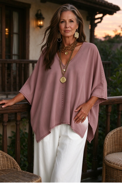 Women’s Relaxed V-Neck Chambray Blouse – Loose Fit & Plus-Size Friendly