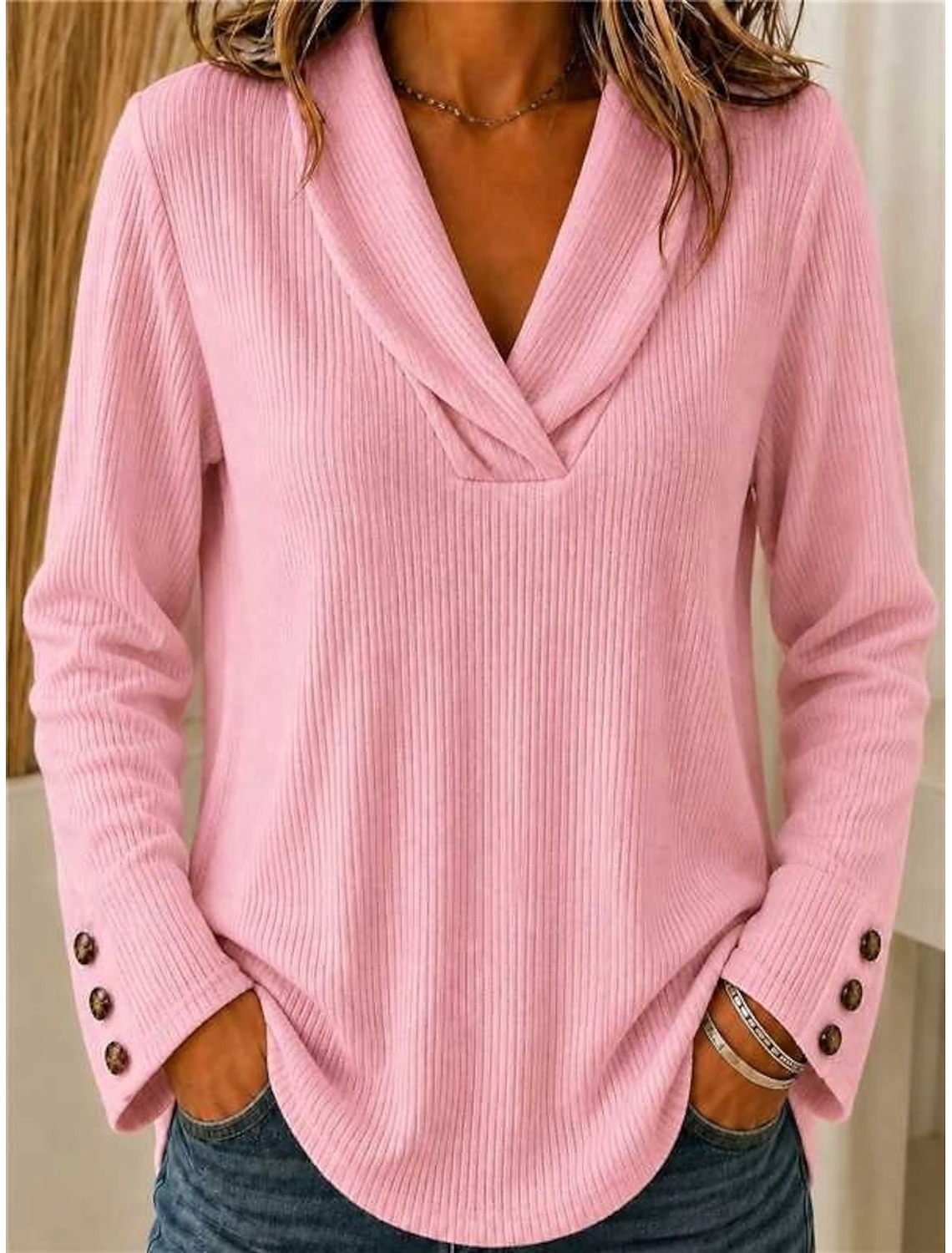Women's T Shirt Solid Color Stylish Casual Long Sleeve V Neck Regular Tops Casual Daily Blue Black Pink Red Summer Spring Fall