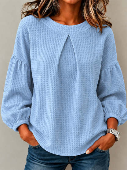 CLEARANCE SALE🔥Waffle Textured Pleated Neck Bubble Sleeve Blouse