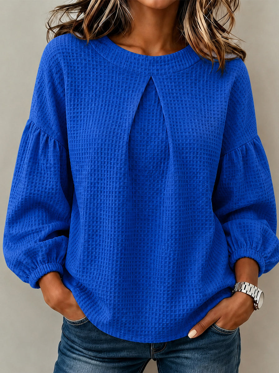 CLEARANCE SALE🔥Waffle Textured Pleated Neck Bubble Sleeve Blouse