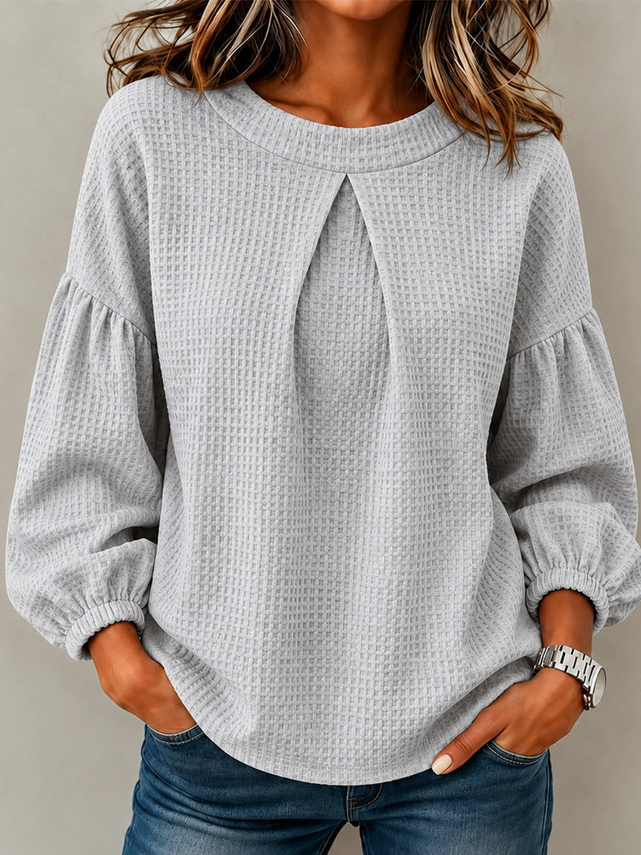 CLEARANCE SALE🔥Waffle Textured Pleated Neck Bubble Sleeve Blouse