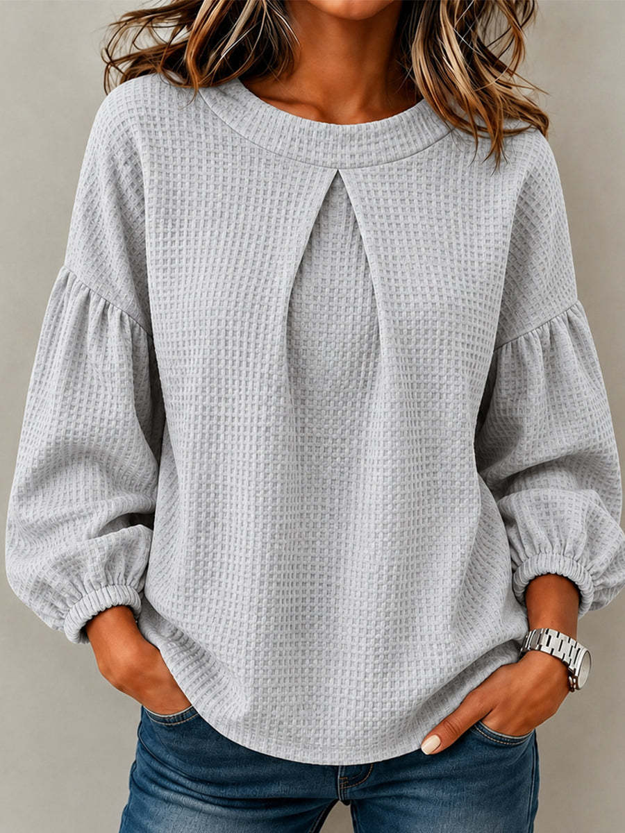 CLEARANCE SALE🔥Waffle Textured Pleated Neck Bubble Sleeve Blouse
