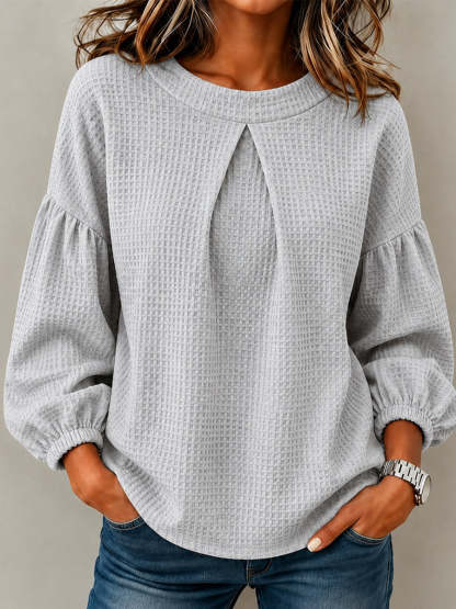 CLEARANCE SALE🔥Waffle Textured Pleated Neck Bubble Sleeve Blouse