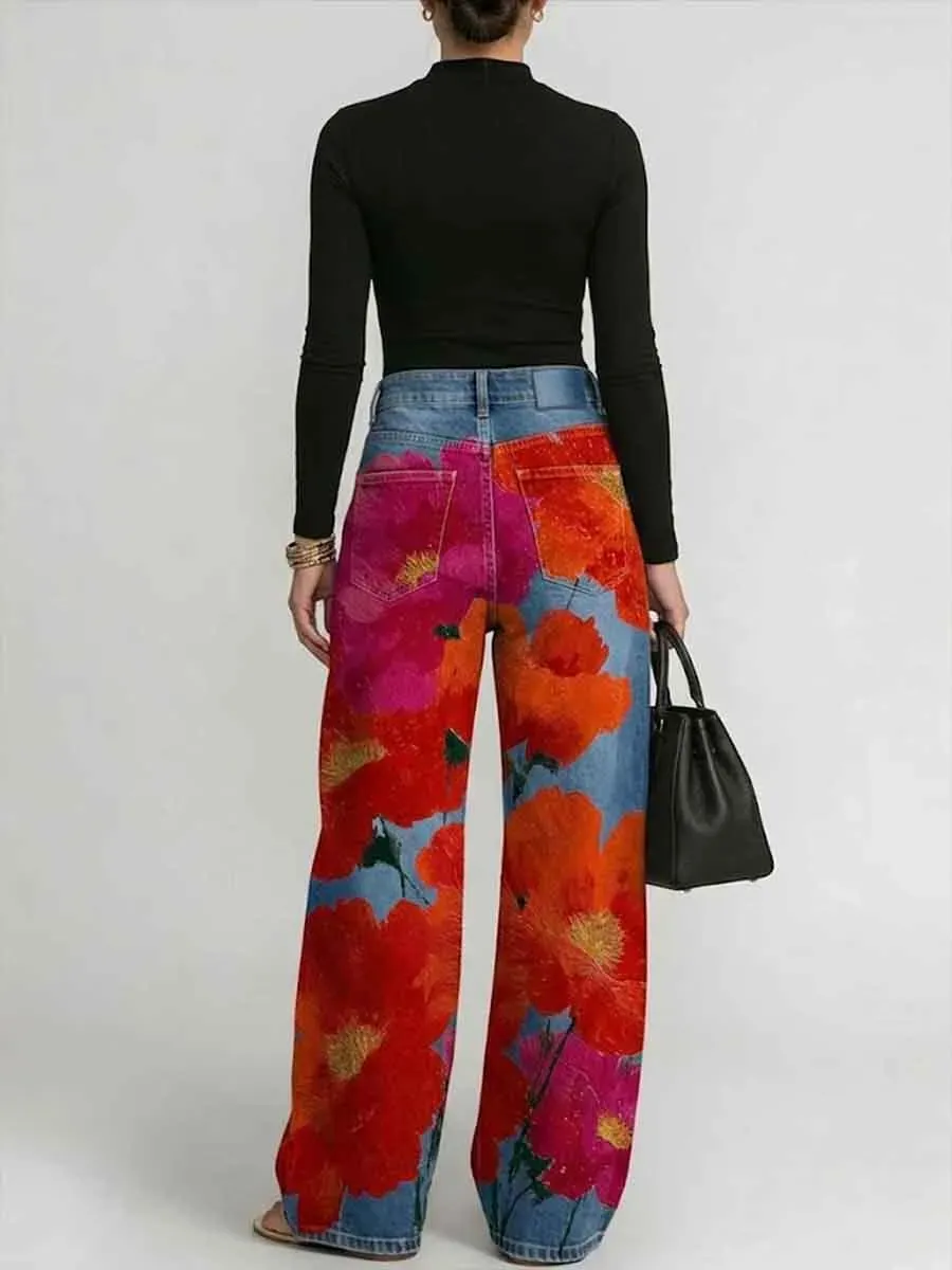 Women's Vintage Florals Print Loose-fit Jeans