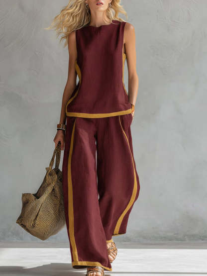 Women's Round Neck Sleeveless Casual Loose Top And High-waisted Loose Wide-leg Pants Cotton And Linen Set.