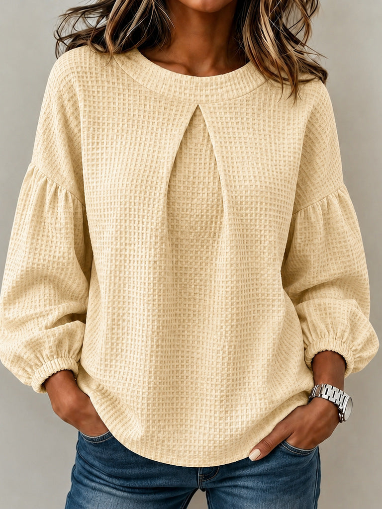CLEARANCE SALE🔥Waffle Textured Pleated Neck Bubble Sleeve Blouse