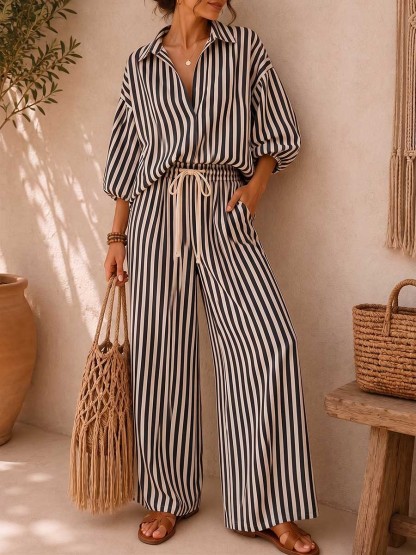 Women's Striped Print Cotton-linen Set: Loose-fit Top With Lapel & 3/4 Sleeves, And High-waisted Wide-leg Pants