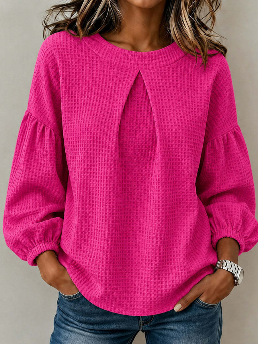 CLEARANCE SALE🔥Waffle Textured Pleated Neck Bubble Sleeve Blouse
