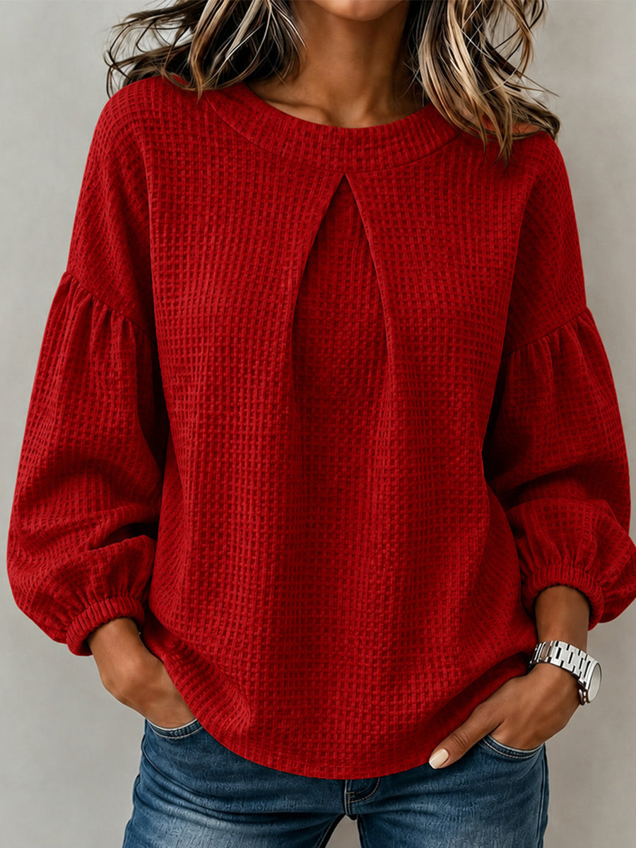 CLEARANCE SALE🔥Waffle Textured Pleated Neck Bubble Sleeve Blouse