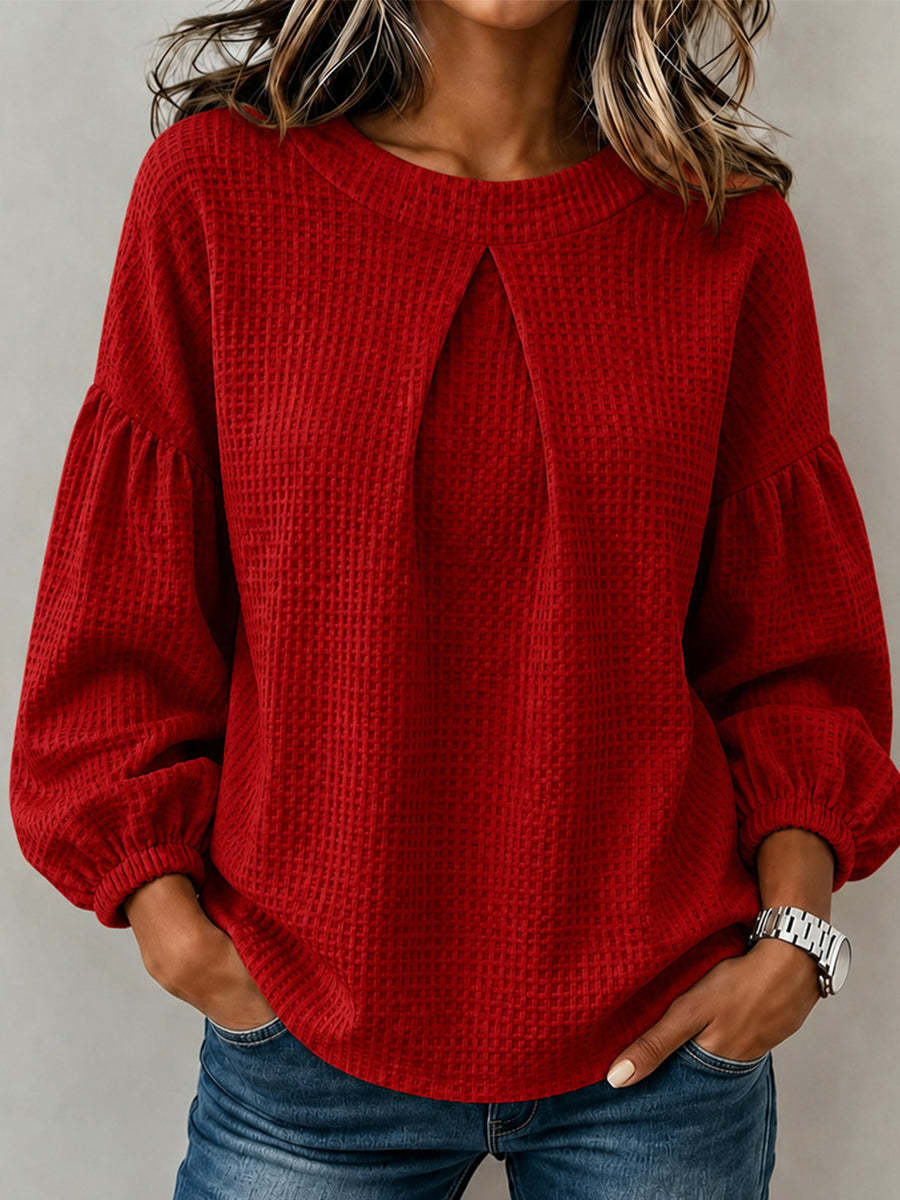 CLEARANCE SALE🔥Waffle Textured Pleated Neck Bubble Sleeve Blouse