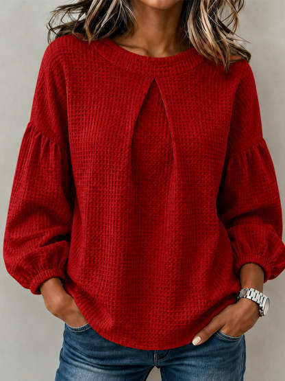 CLEARANCE SALE🔥Waffle Textured Pleated Neck Bubble Sleeve Blouse