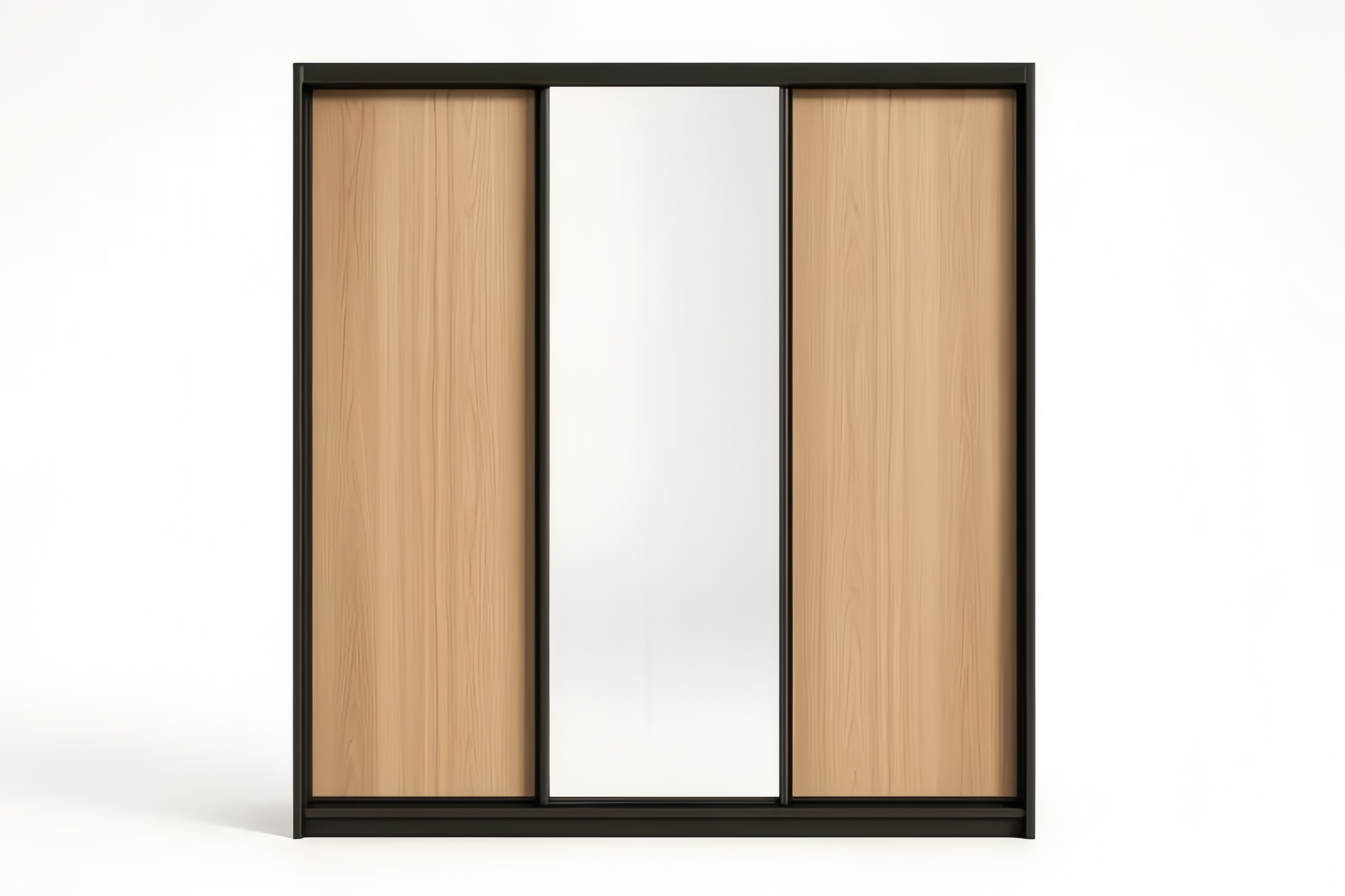 Armoire 200x60x220 cm en acier et MDF avec placage chêne, portes coulissantes, miroir central, couleur chêne clair et noir
