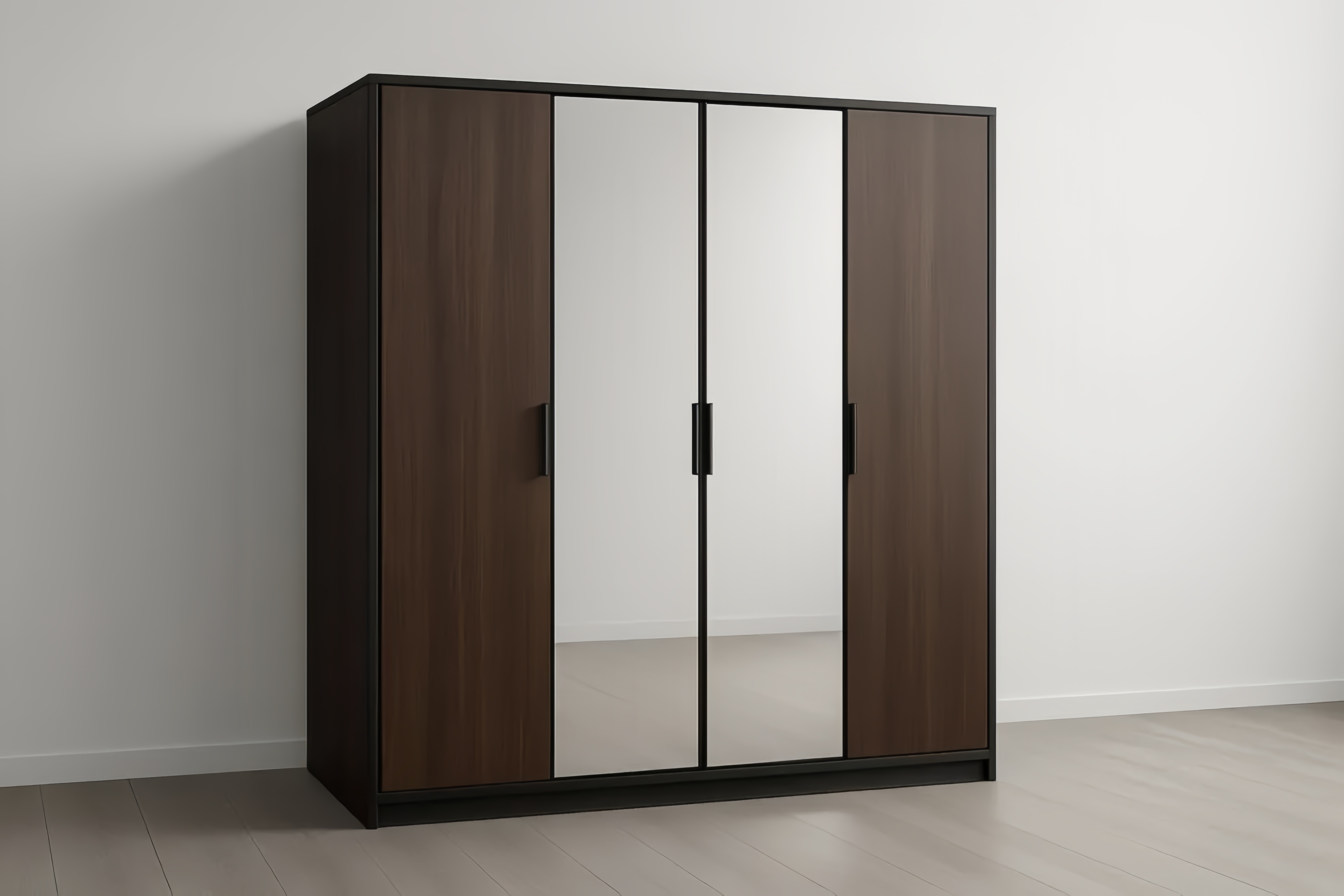 Armoire en MDF imitation noyer avec cadres en acier, 4 portes battantes dont 2 miroirs en verre trempé, 200×60×210 cm