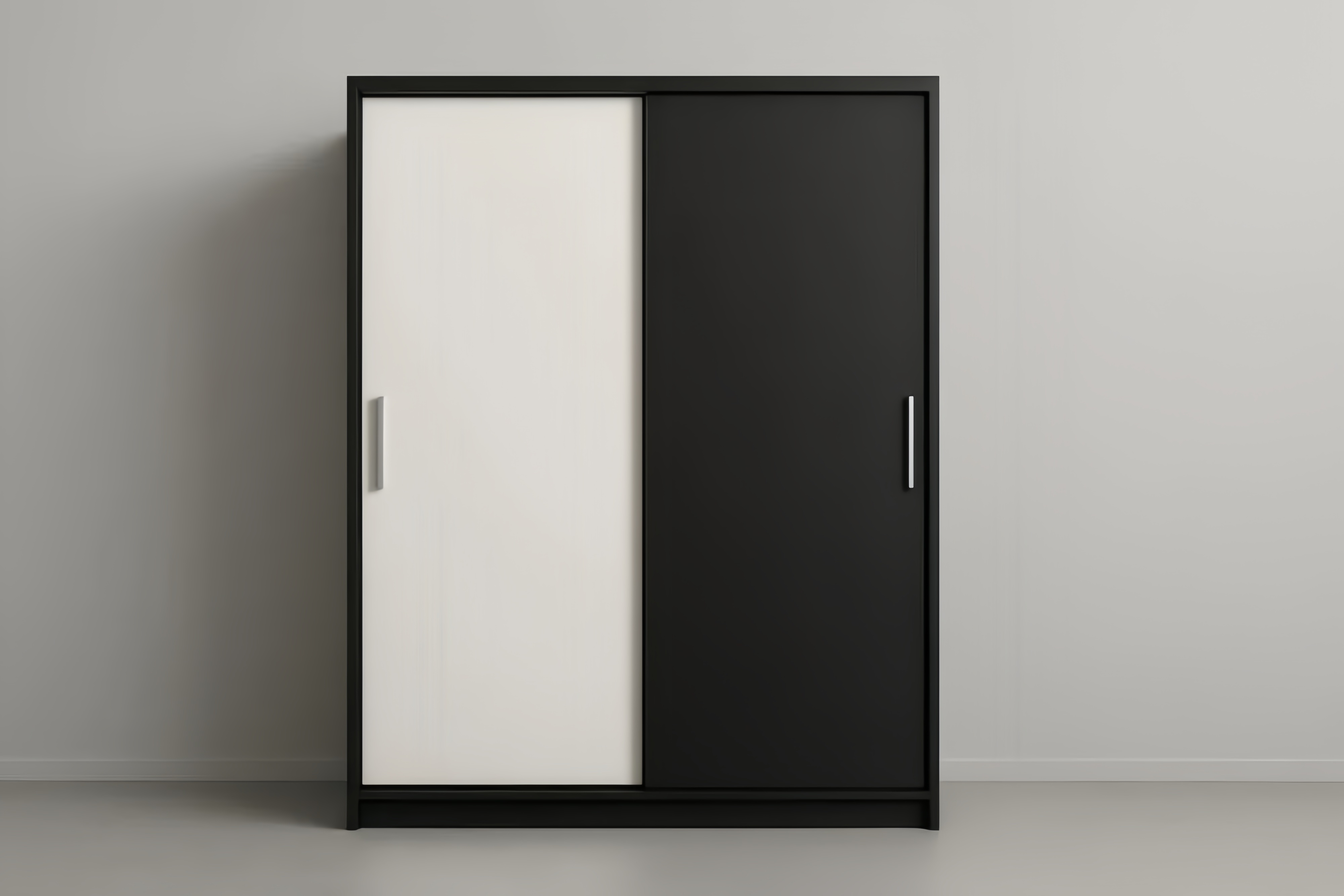 Armoire noire et blanche en panneaux de particules mélaminés, portes coulissantes, poignées et rails en acier – 150×60×200 cm