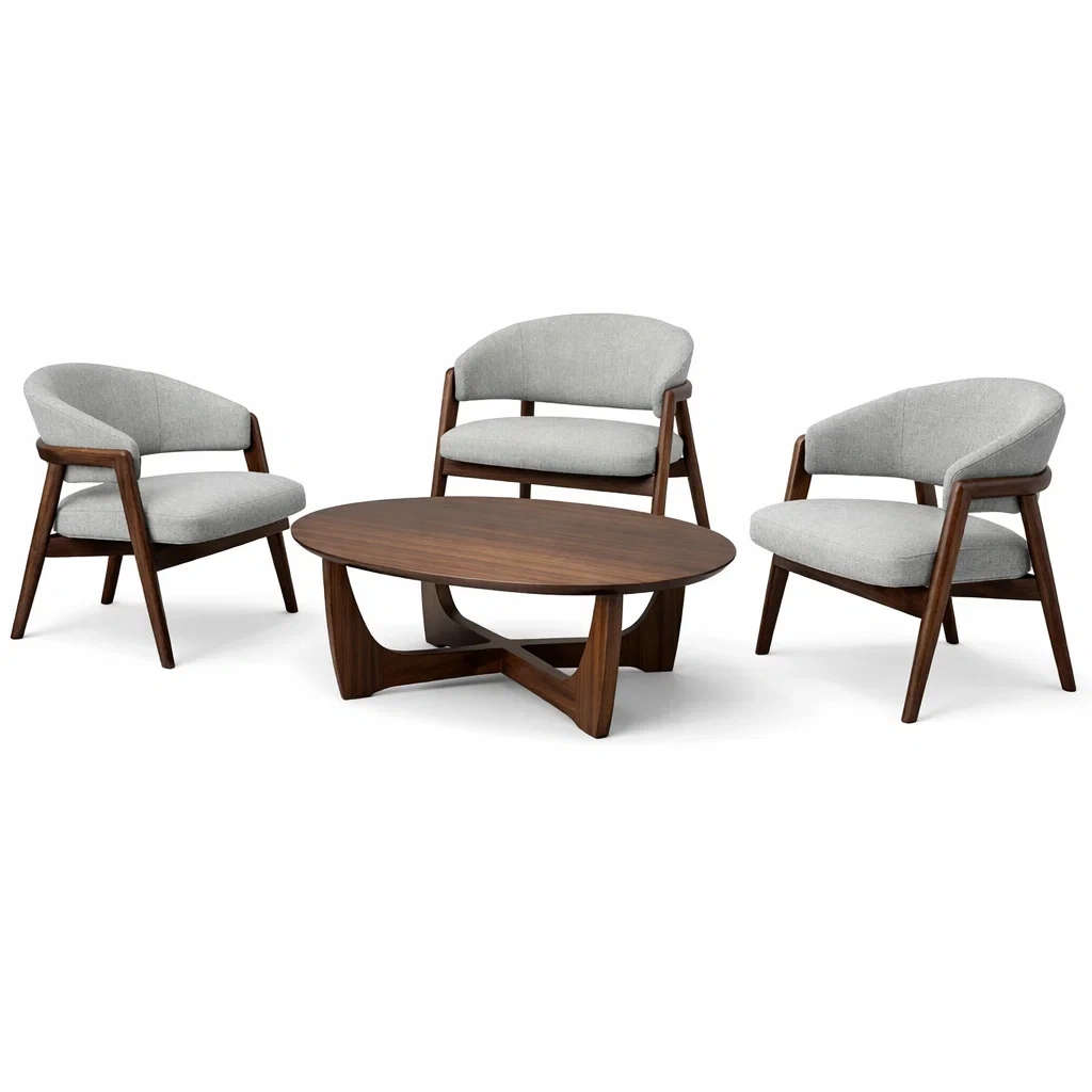 Set da conversazione mobili in legno con tre poltrone e tavolino grigio-luxeloftdesign