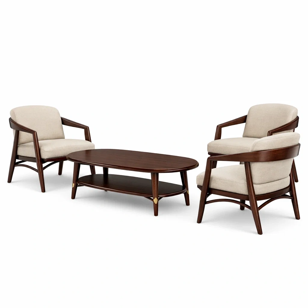 Set da conversazione salotto in legno noce con poltrone imbottite e tavolino ovale-luxeloftdesign