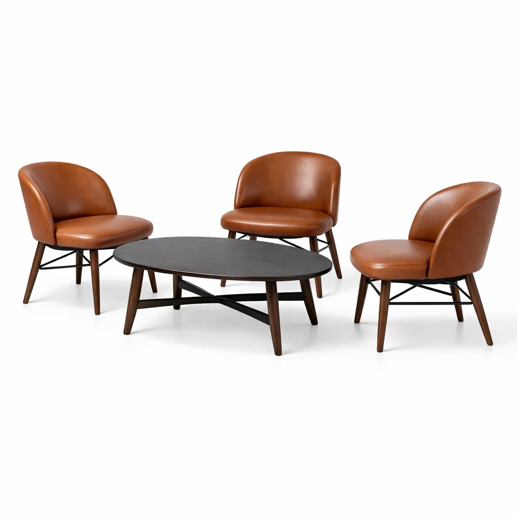 Set da conversazione poltrone in similpelle marrone con struttura in legno e tavolino ovale-luxeloftdesign