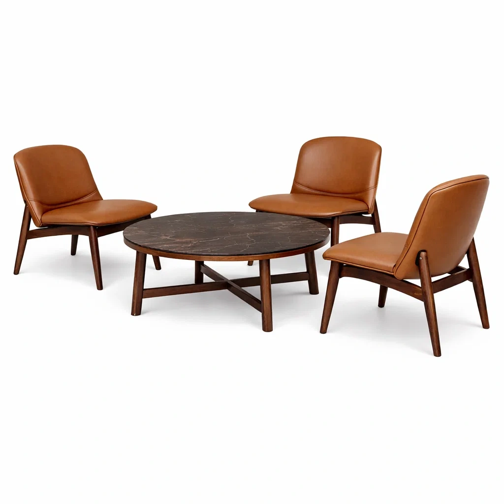 Set da conversazione di 3 poltrone in similpelle marrone con tavolino rotondo in legno e marmo-luxeloftdesign
