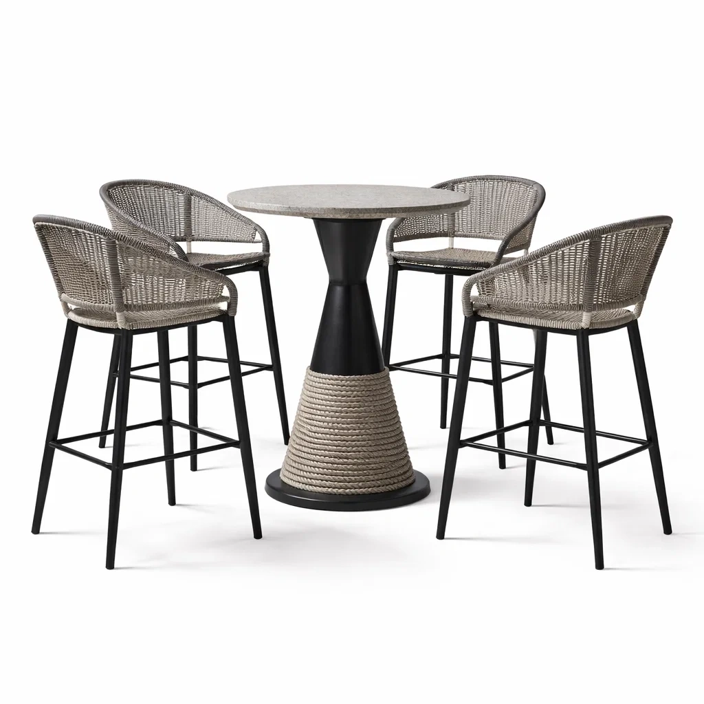 Set tavolo e sgabelli da bar rotondo in Pietra Artificiale con Sgabelli in Rattan e Acciaio Nero-luxeloftdesign