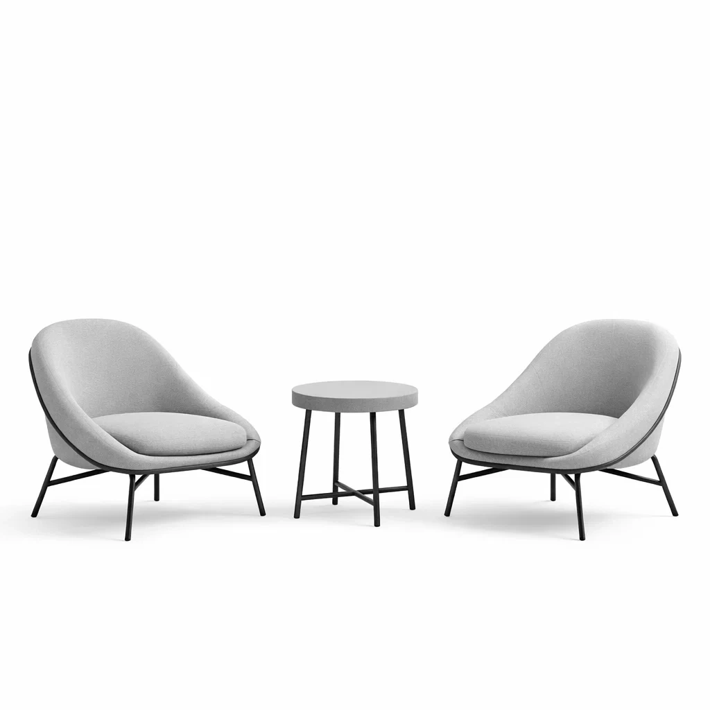 Set da relax piccolo con Due Poltrone in Tessuto Grigio e Tavolino Rotondo in Metallo-luxeloftdesign
