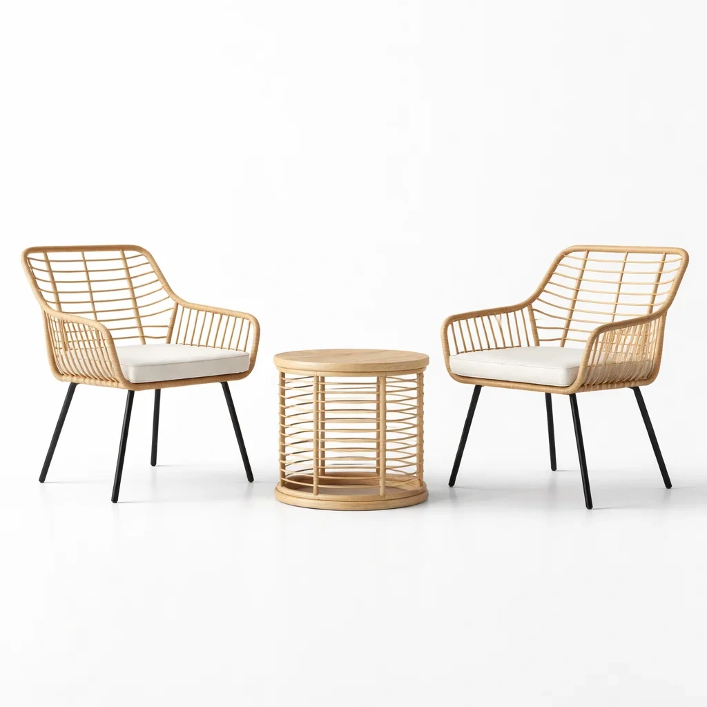 Set da relax piccolo con Due Poltrone e Tavolino Rotondo in Rattan e Metallo-luxeloftdesign