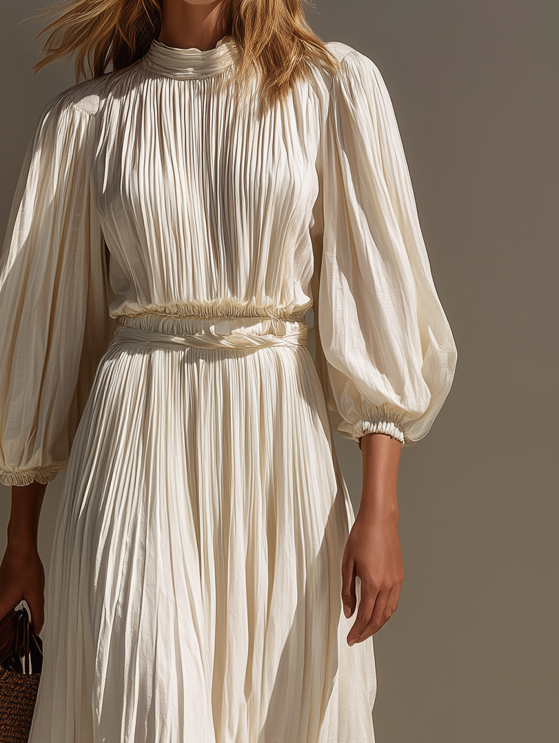 women's elegant and fashionable white loose fitting pleated waist elasticated cuffs mid length dress mda1104k1an