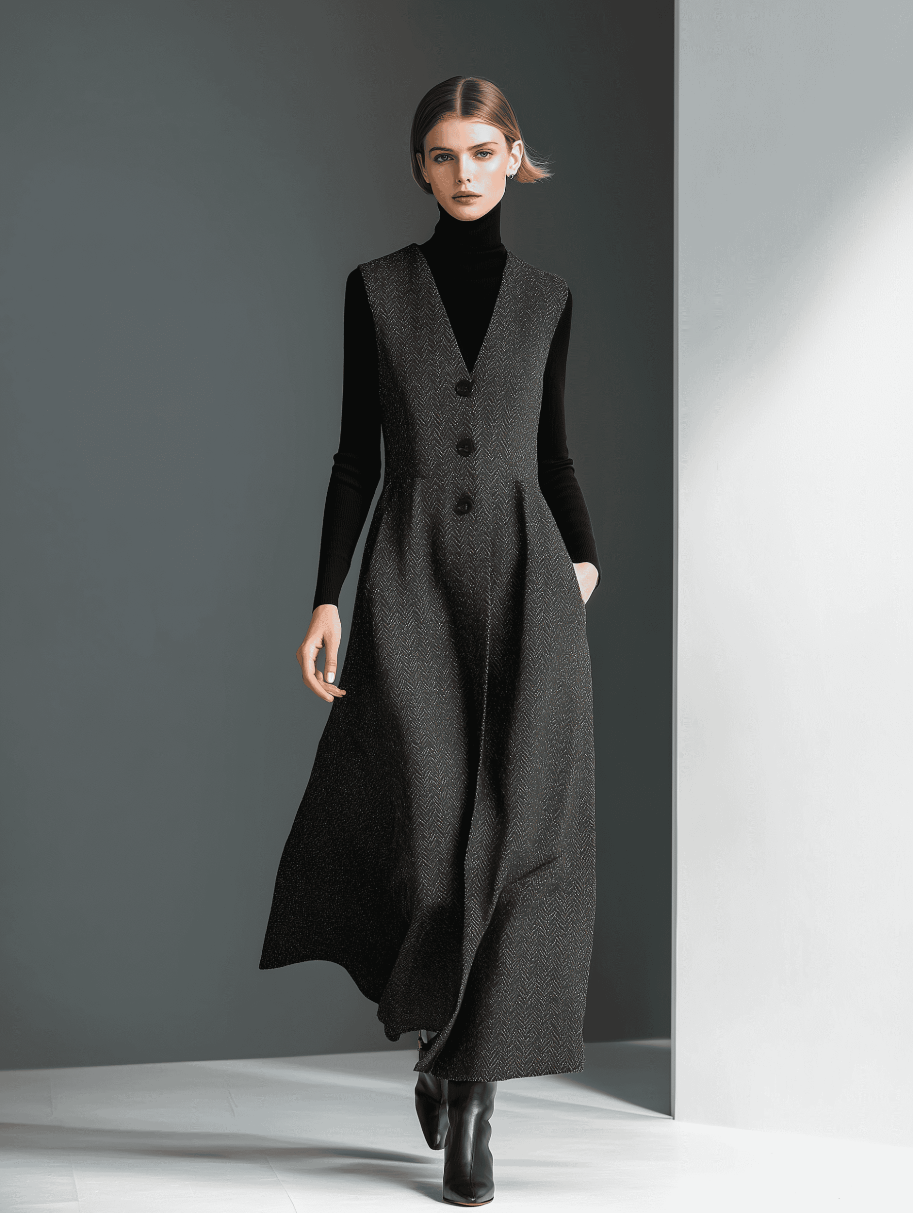 Fashion model wearing chic black and gray sleeveless jumpsuit with high boots, trendy style from E'GIRL BOUTIQUE.