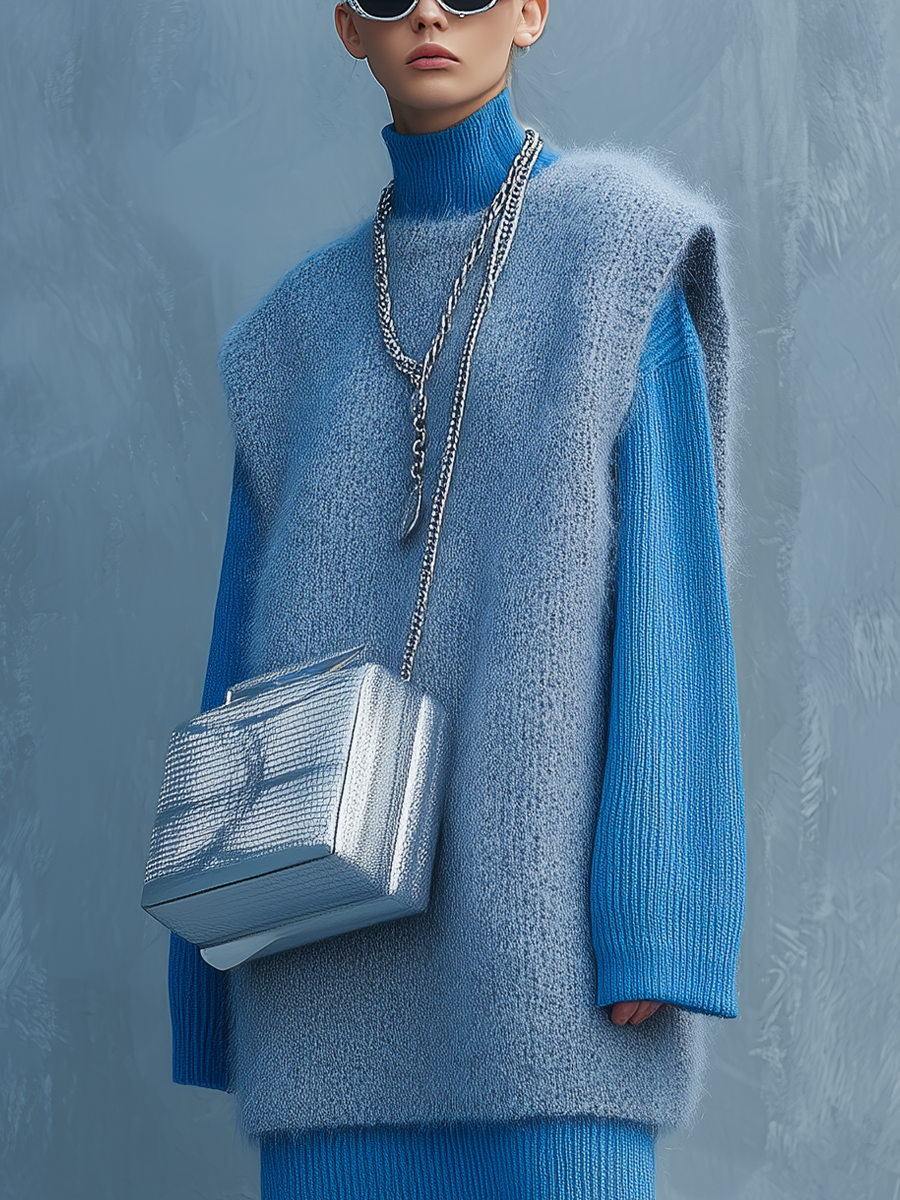 women's denim blue loose knitted vest midi dress mda0860k3t