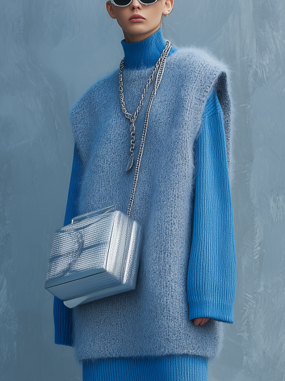 women's denim blue loose knitted vest midi dress mda0860k3t