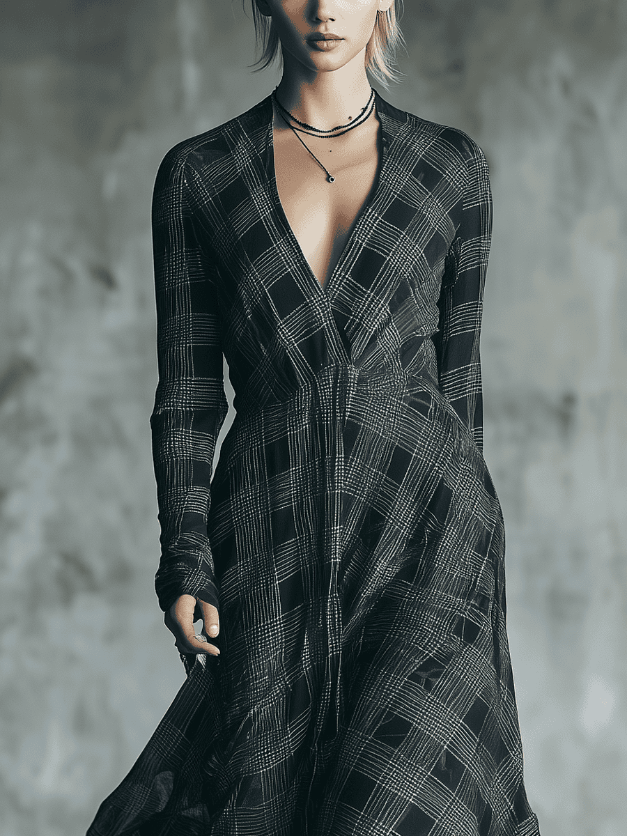 women's black and gray check cotton blend high waisted elegant maxi dress mda1012k0t