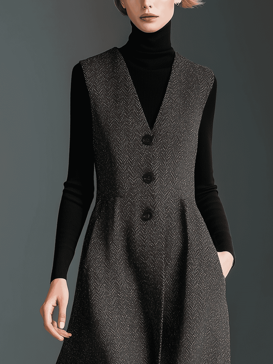 Elegant women's tweed dress with black turtleneck, perfect for fall and winter fashion.