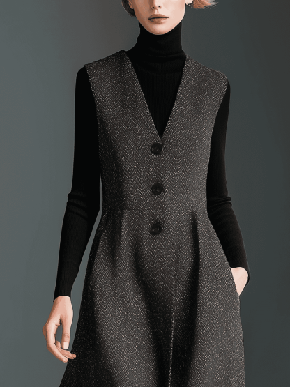 Elegant women's tweed dress with black turtleneck, perfect for fall and winter fashion.