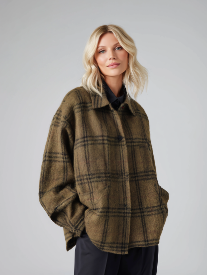 women's khaki wool blend plaid loose fitting shirt jacket mda0859k2t