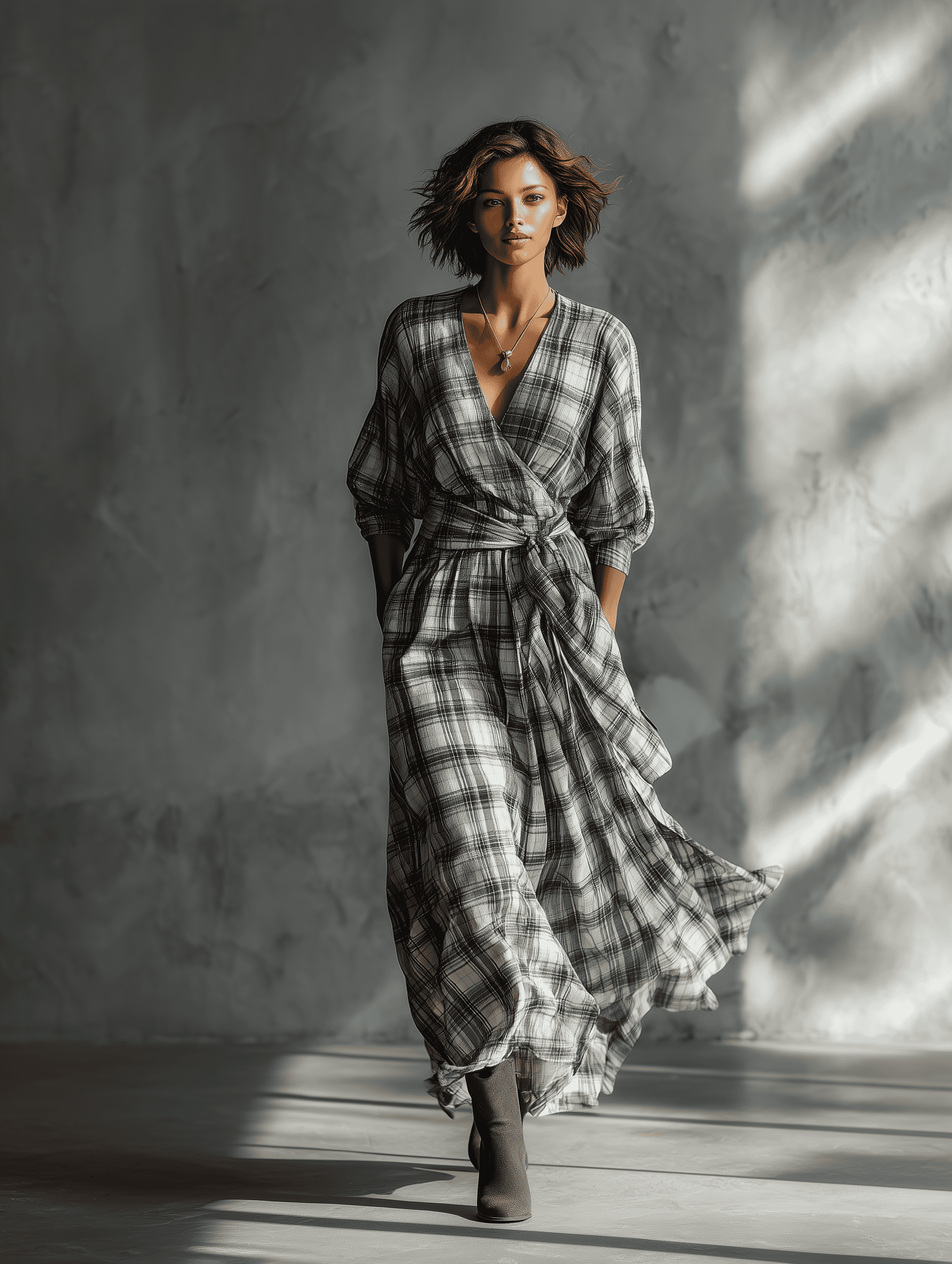Plaid wrap maxi dress with puff sleeves, stylish and comfortable for fashion-forward looks.