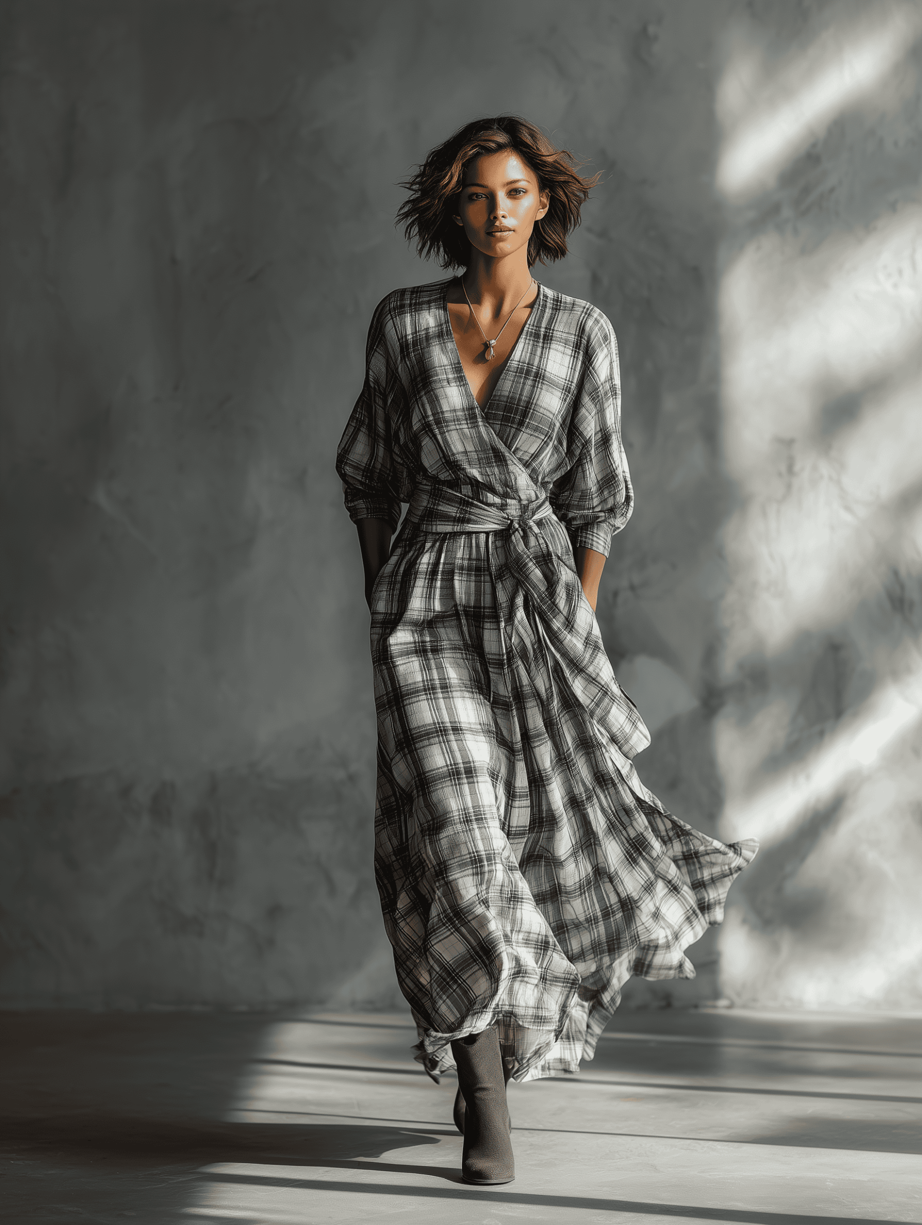 Plaid wrap maxi dress with puff sleeves, stylish and comfortable for fashion-forward looks.