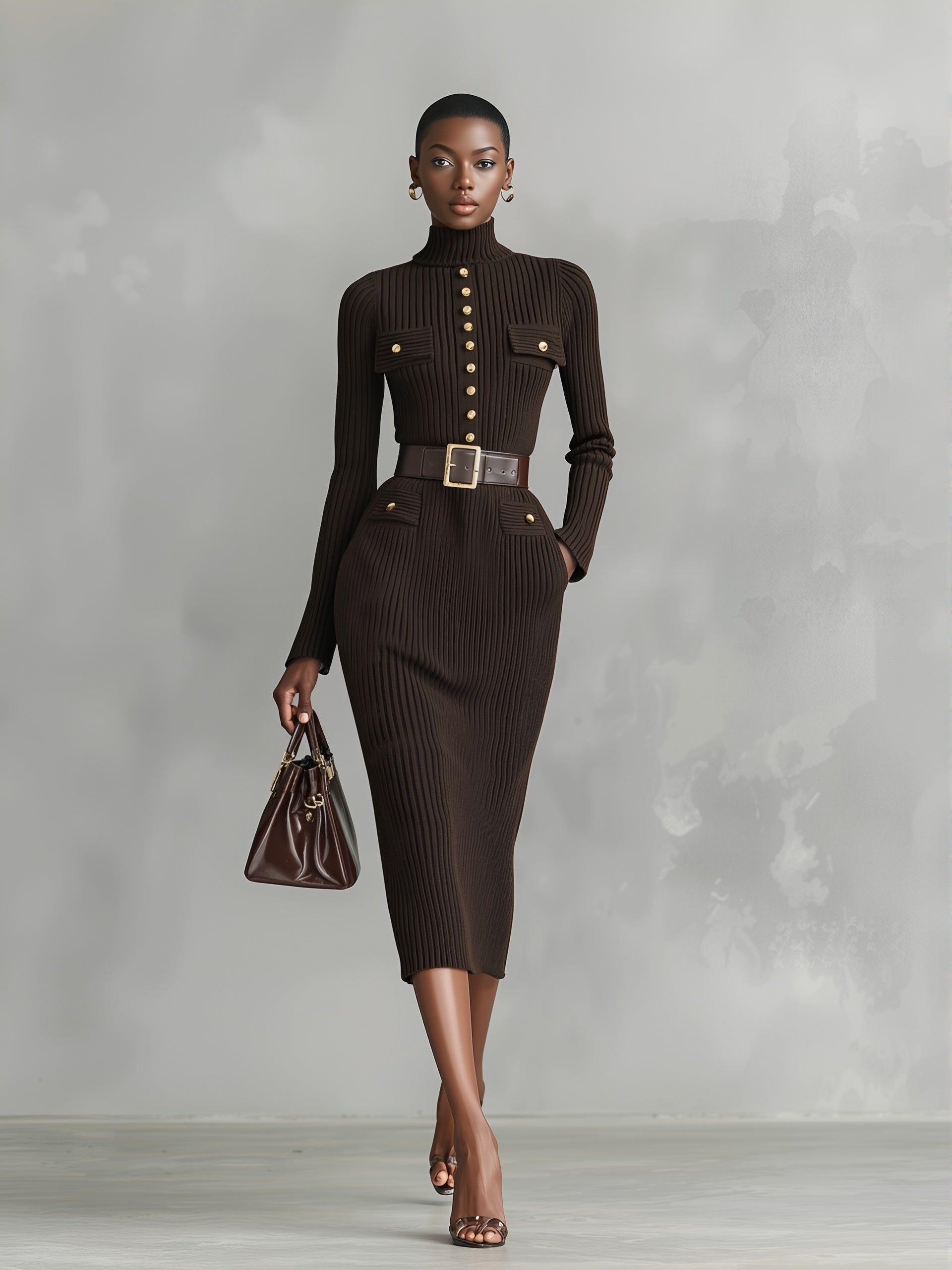 women's elegant and sophisticated brown turtleneck fitted midi dress with a belt, decorated with gold buttons mda1177k3an