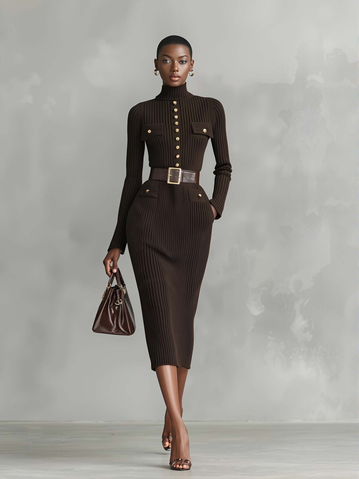 women's elegant and sophisticated brown turtleneck fitted midi dress with a belt, decorated with gold buttons mda1177k3an