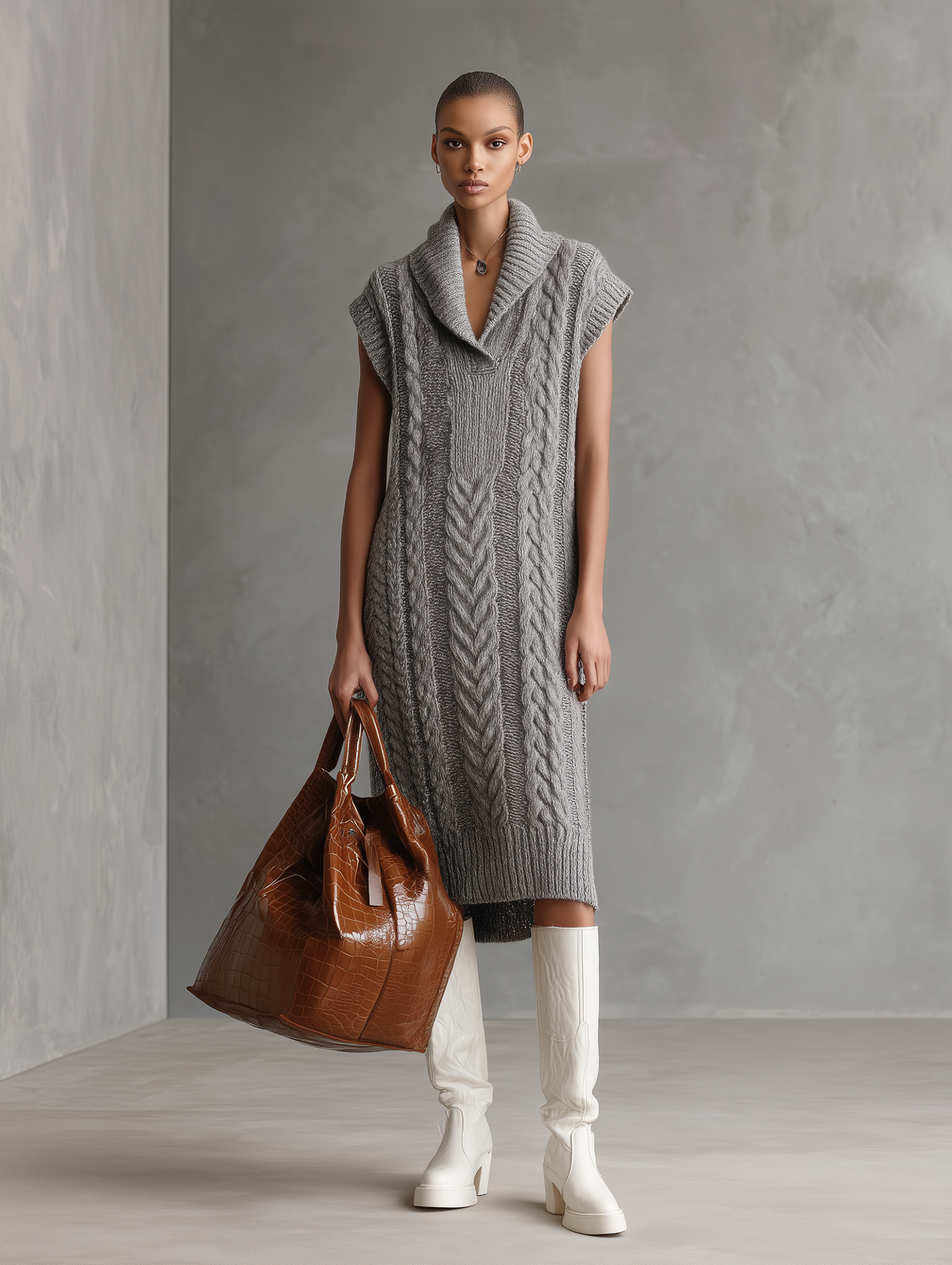 women's gray knit thick collar loose vest midi dress mda0819k9t