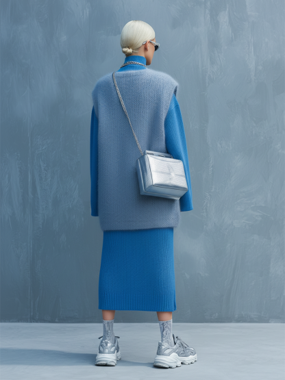 women's denim blue loose knitted vest midi dress mda0860k3t