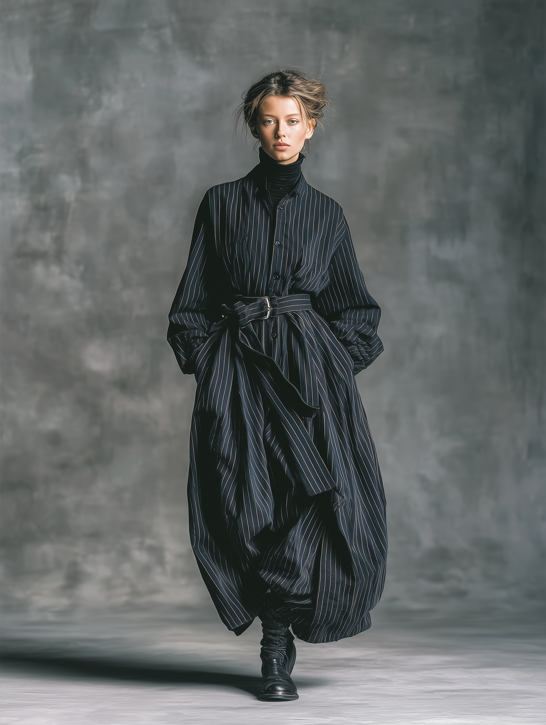 women's casual and stylish navy blue striped loose fitting long sleeved shirt dress mda1110k2an