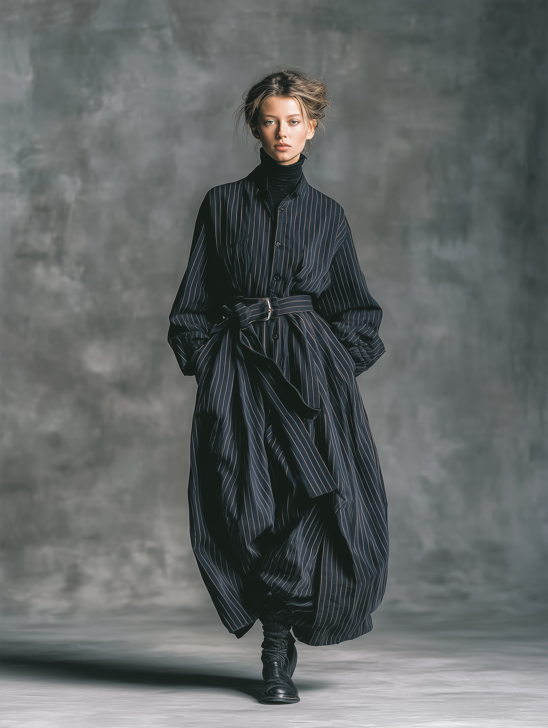 women's casual and stylish navy blue striped loose fitting long sleeved shirt dress mda1110k2an