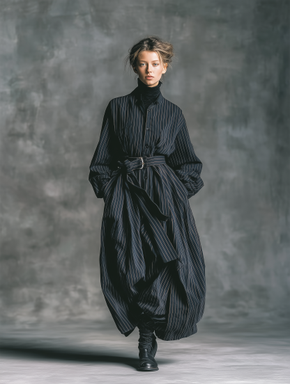 women's casual and stylish navy blue striped loose fitting long sleeved shirt dress mda1110k2an