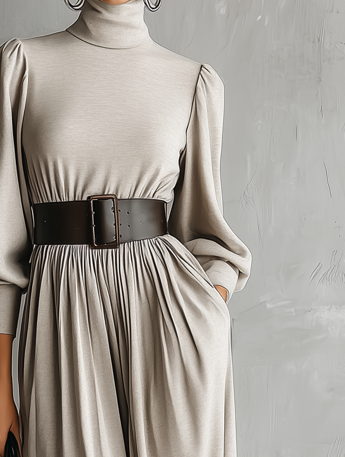 women's elegant and casual gray white high neck belted midi skirt mda1165k5an