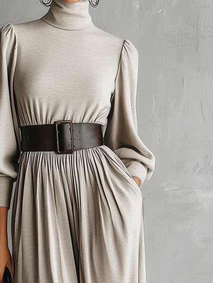 women's elegant and casual gray white high neck belted midi skirt mda1165k5an