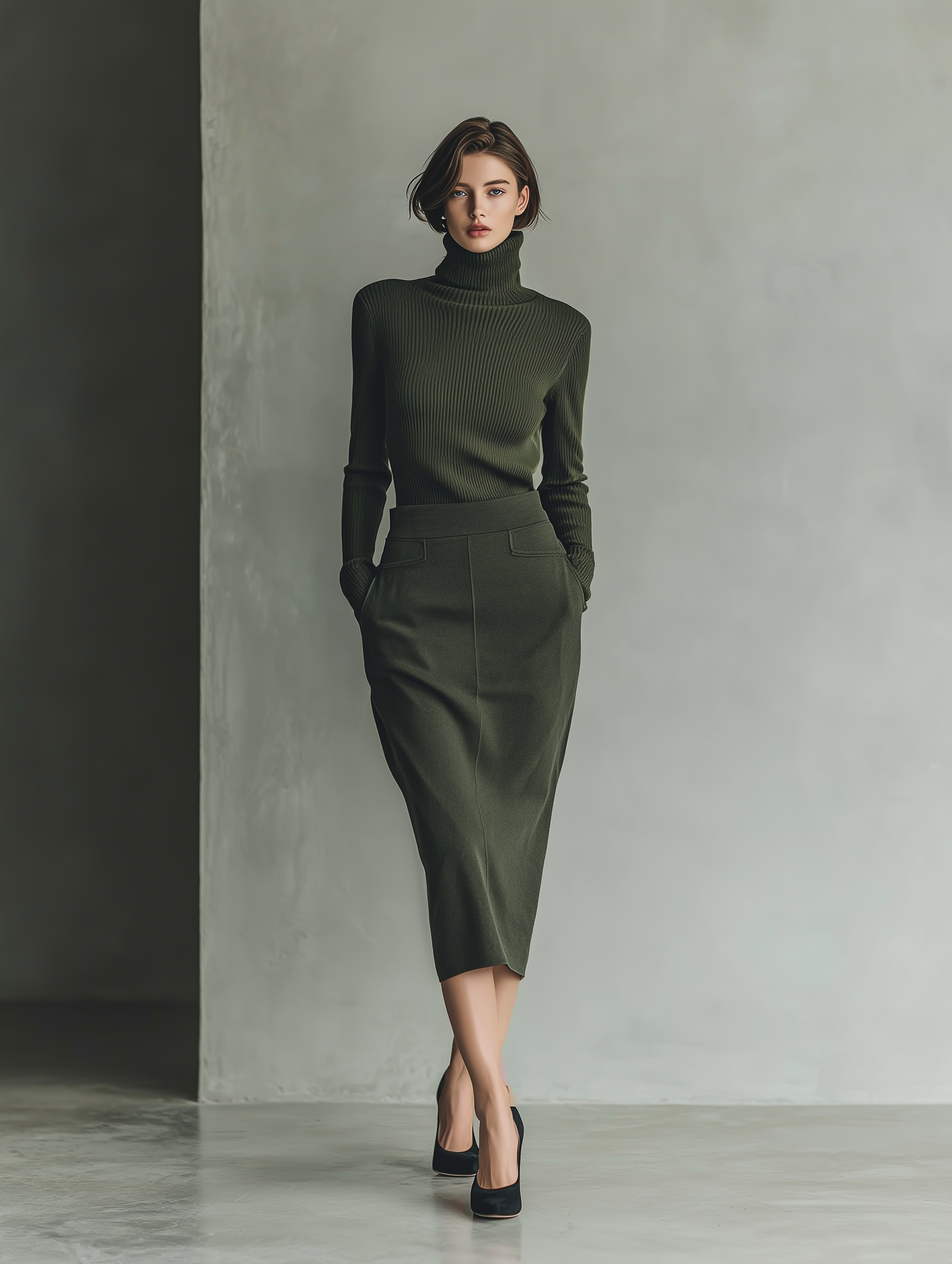 women's elegant and classic dark green turtleneck slim fit knit long sleeved top paired with a matching slim fit midi skirt mda1174k7an