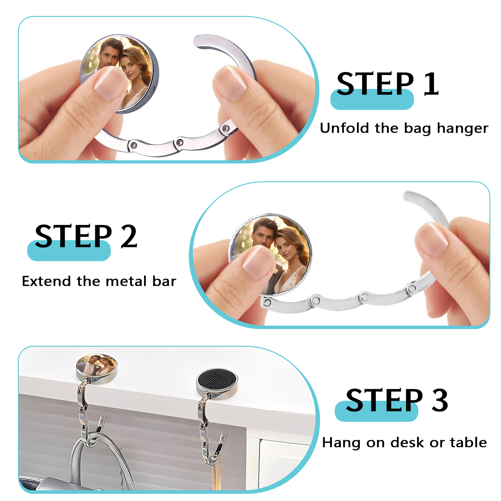 Custom Purse Hook for Table with Personalized Photo, Foldable Purse Hanger & Table Bag Holder for Travel, Portable Purse Hook for Desk, Custom Purse Hangers for Women