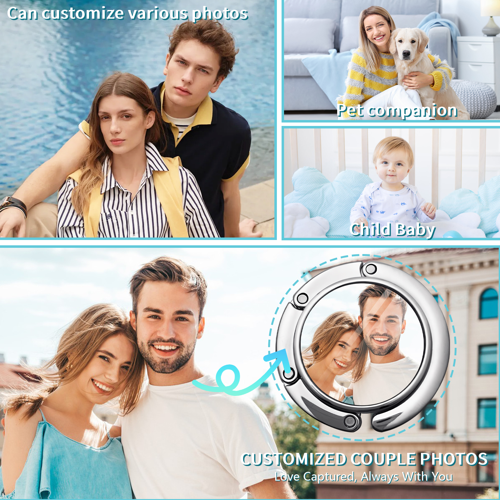 Custom Purse Hook for Table with Personalized Photo, Foldable Purse Hanger & Table Bag Holder for Travel, Portable Purse Hook for Desk, Custom Purse Hangers for Women