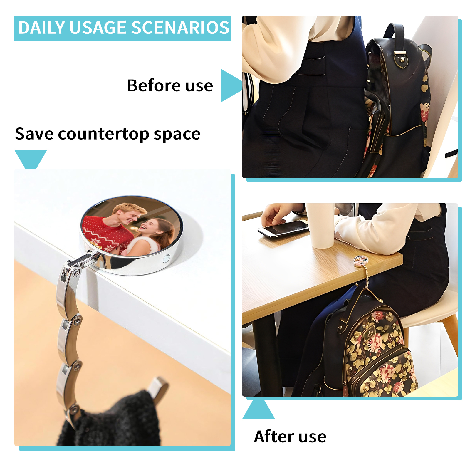 Custom Purse Hook for Table with Personalized Photo, Foldable Purse Hanger & Table Bag Holder for Travel, Portable Purse Hook for Desk, Custom Purse Hangers for Women